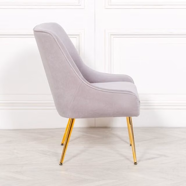 Glasstone Grey Velvet Tub Chair with Gold Metal Frame, H 85.0 x W 65.0 x D 63.5 cm