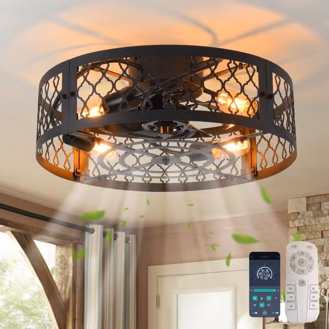 Garwarm Industrial Style Metal Caged Ceiling Fan with 4 Lights and Remote Control, Black, Diameter: 50 cm