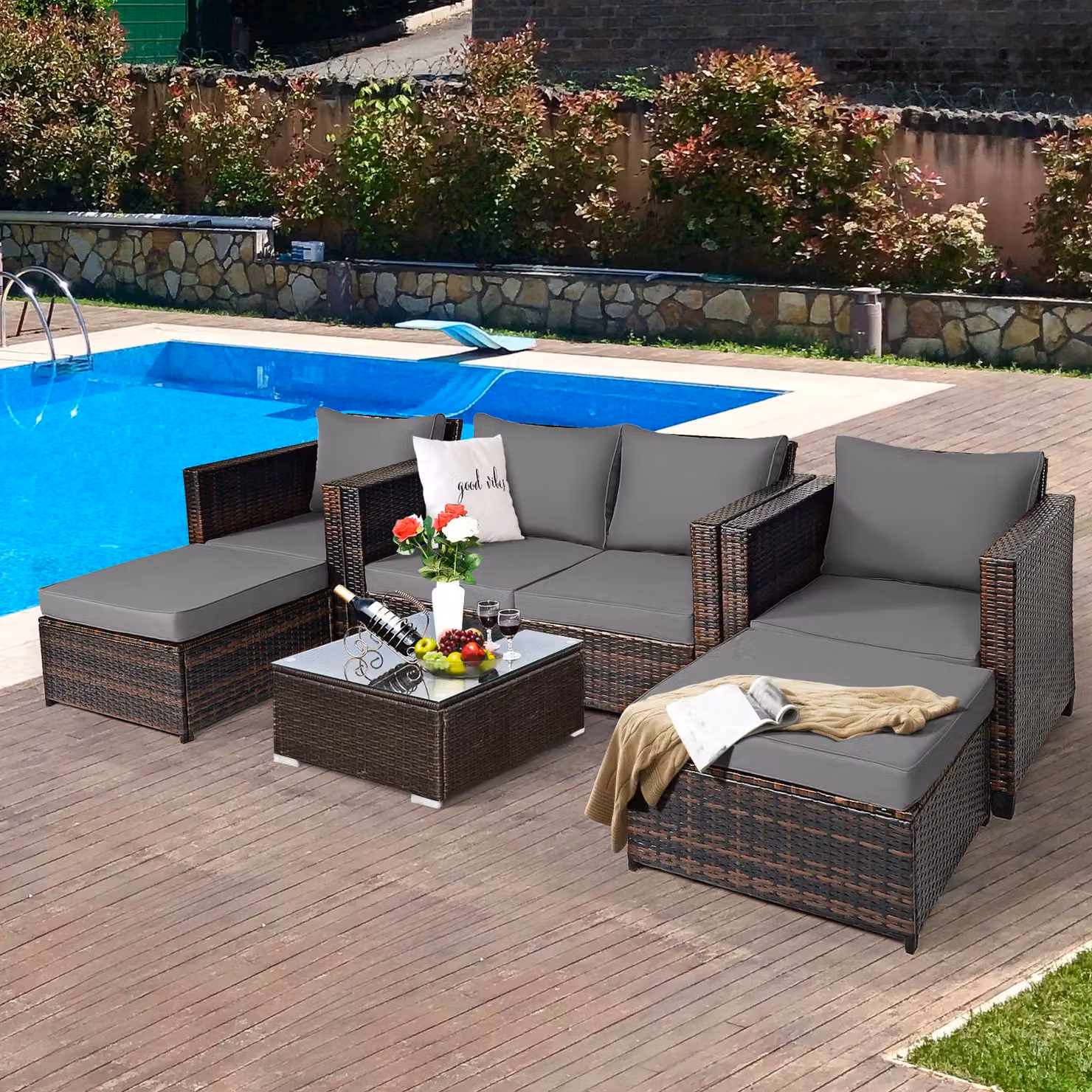 Costway 6-Seater Grey Rattan Garden Furniture Set with L-Shape Sofa, Ottoman and Upholstered Cushions – 3