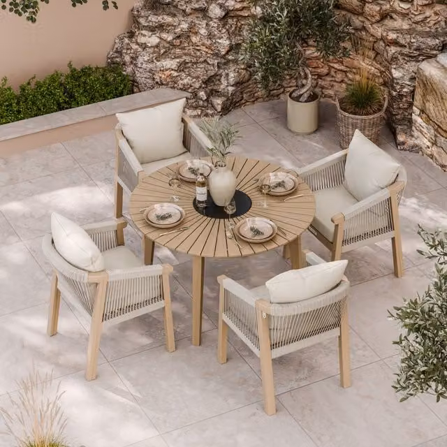 Royalcraft Roma 5 Piece Round Sunray Dining Set in Black and Brown with Acacia Wood and Stone Details