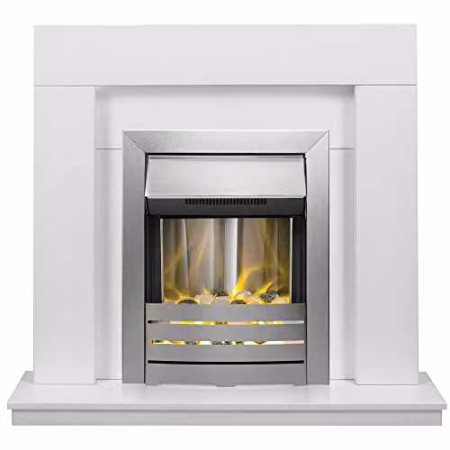 Adam Fires & Fireplaces Malmo Fireplace in White with Helios Electric Fire in Brushed Steel, 39 Inch, Grey