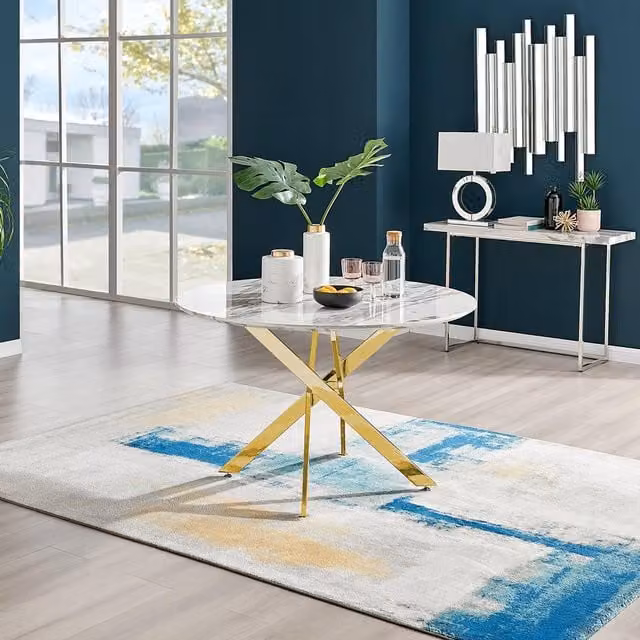 FurnitureboxUK Novara Round 6-Seater Dining Table with White Marble Effect Top and Gold Metal Legs, Diameter: 120 cm – 1