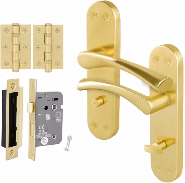 AFIT Satin Brass Twist Bathroom Handle and WC Lock Hinges Set in Gold, 1 Pair – 1