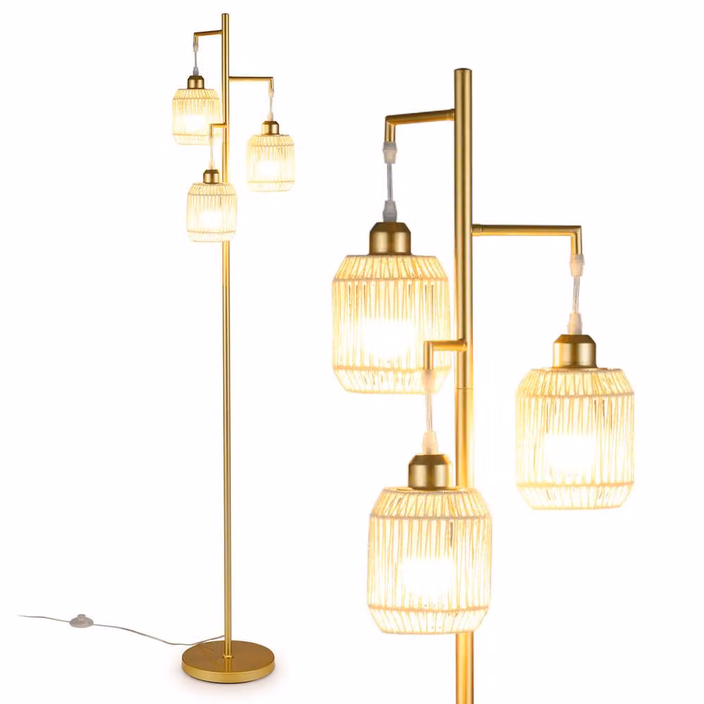 Costway 3-Light Farmhouse Floor Lamp in Gold with Foot Switch, Height: 173 cm – 2