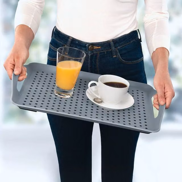 Basilico Pack of 2 Non-Slip Rectangular Serving Trays with Easy-Grip Handles, Grey, W: 45 cm, D: 31 cm