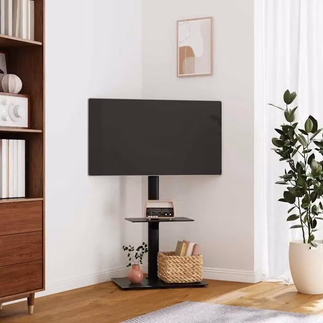 Berkfield Home Modern 2-Tier Corner TV Stand for 32-65 Inch Screens in Black with Glass and Metal Construction – 1