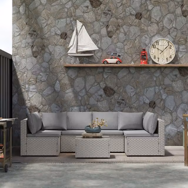 Outsunny Modern L-Shape Rattan Garden Furniture Set with Upholstered Cushions and Coffee Table in Grey