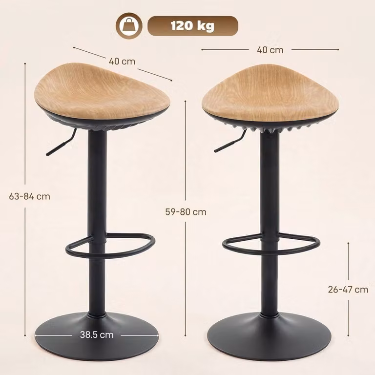 NESTLUNE Set of 2 Brown PU Leather Swivel Breakfast Barstools with Light Oak Finish, H 100 cm x W 80 cm x D 80 cm