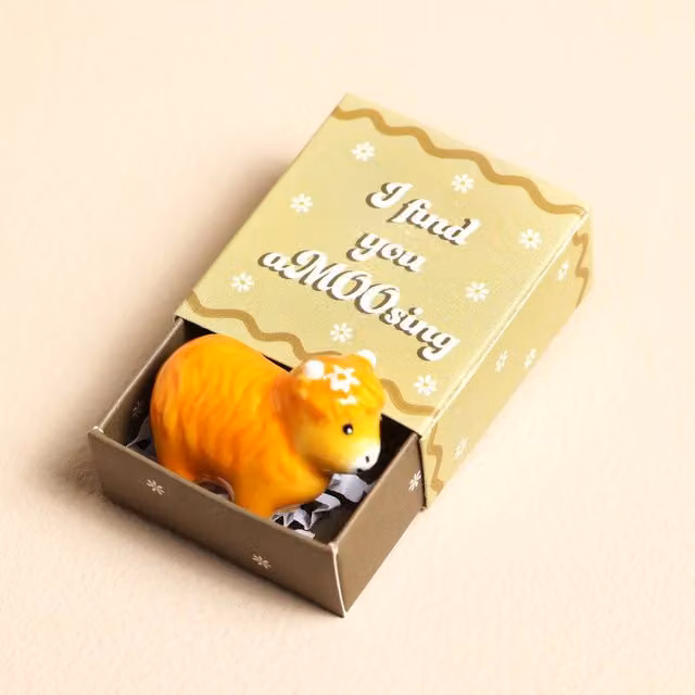 Lisa Angel Ceramic Highland Cow Matchbox Keepsake Token in Orange and White