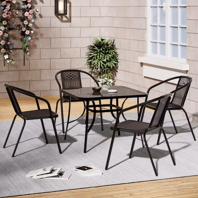 Livingandhome 4 Seater Bistro Set in Black with Square Glass Table and Stacking Chairs, W/D/H: 105 x 105 x 75 cm