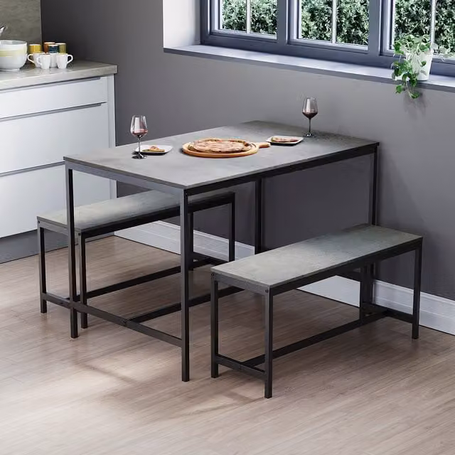 Vida Designs Roslyn 4 Seater Rectangular Dining Table and Bench Set in Concrete Grey