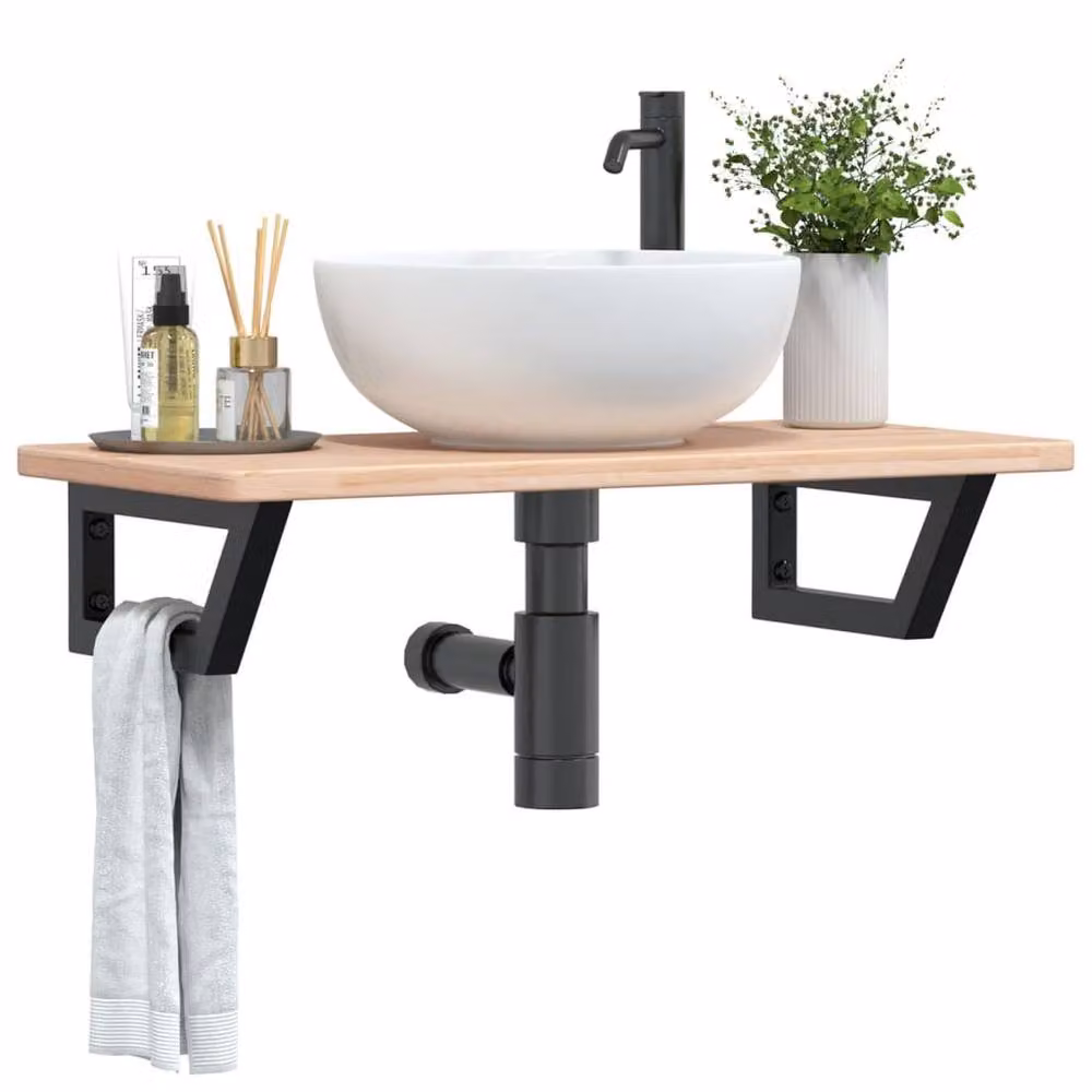 Berkfield Home Elegant Wall Mounted Basin Shelf in Light Brown Oak and Black Steel – 2