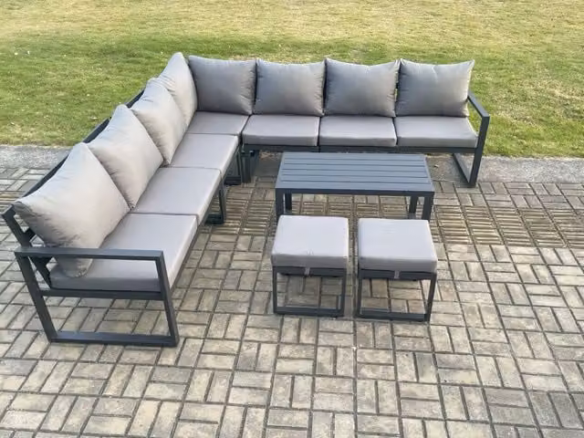 Fimous Aluminium L-Shape Garden Lounge Corner Sofa Set with Coffee Table and 2 Ottomans in Dark Grey