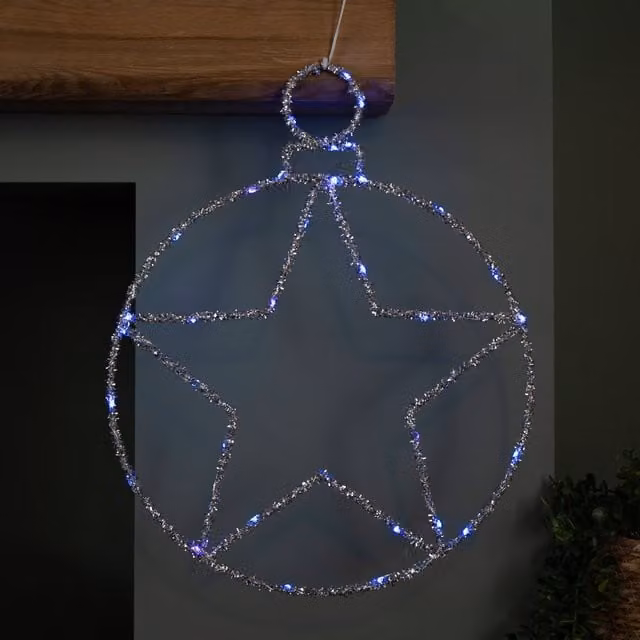Samuel ALEXANDER Silver Star Ball Christmas Hanging Decoration with Twinkling Blue LEDs, Diameter: 49 cm – 1