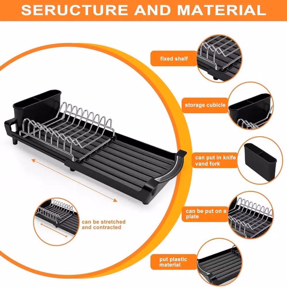 FORGEVIO Black Coated Steel Rectangular Dishware Drying Rack with Drip Tray – 3
