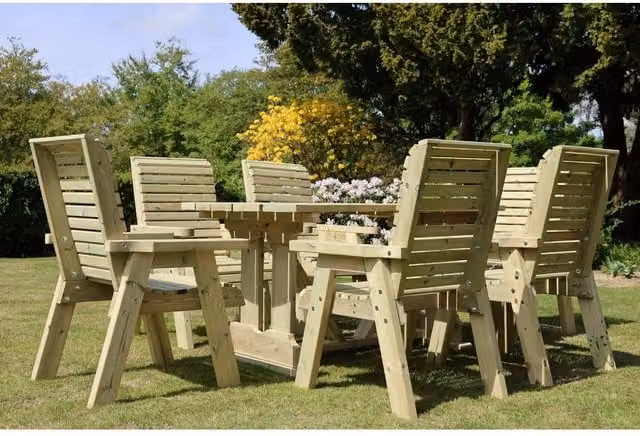 Churnet Valley Garden Furniture Ltd Ergo Dining Table Set with 6 Chairs in Brown Redwood – 1
