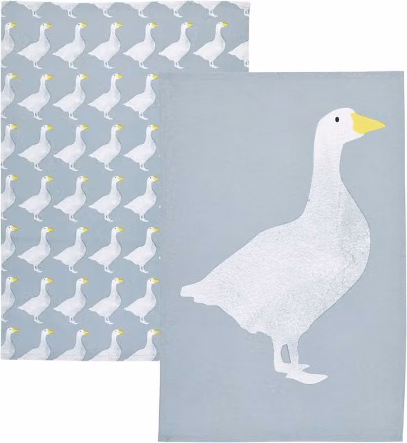 KitchenCraft Set of 2 Multicolour Blue Goose Print Cotton Tea Towels with Hanging Loops