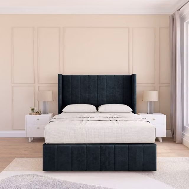 Sloomy Melbourne Naples Bed Set with 54 inch Wingback Headboard in Black Velvet, W/D/H: 120 x 200 x 137.16 cm
