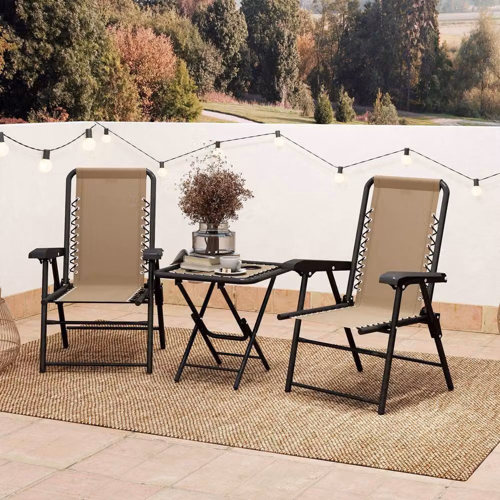 STILVORA Folding Garden Bistro Set with Mesh Table in Tan/Sand – 3