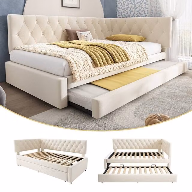 BTM Velvet Daybed with Pull-Out Trundle in Beige, W/D/H: 190 x 90 x 83 cm – 1