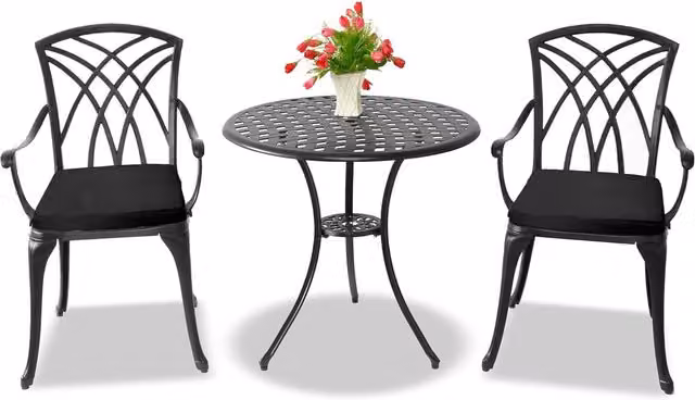 OSHOWA Modern Black Metal Outdoor Bistro Set with Table and 2 Chairs and Black Cushions