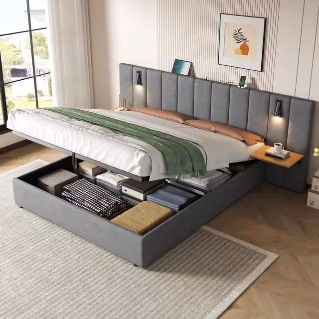 AKA King Upholstered Storage Bed in Grey Velvet with USB Charging Port, Integrated Reading Light and Bedside Shelf, W/D/H: 180 x 200 cm