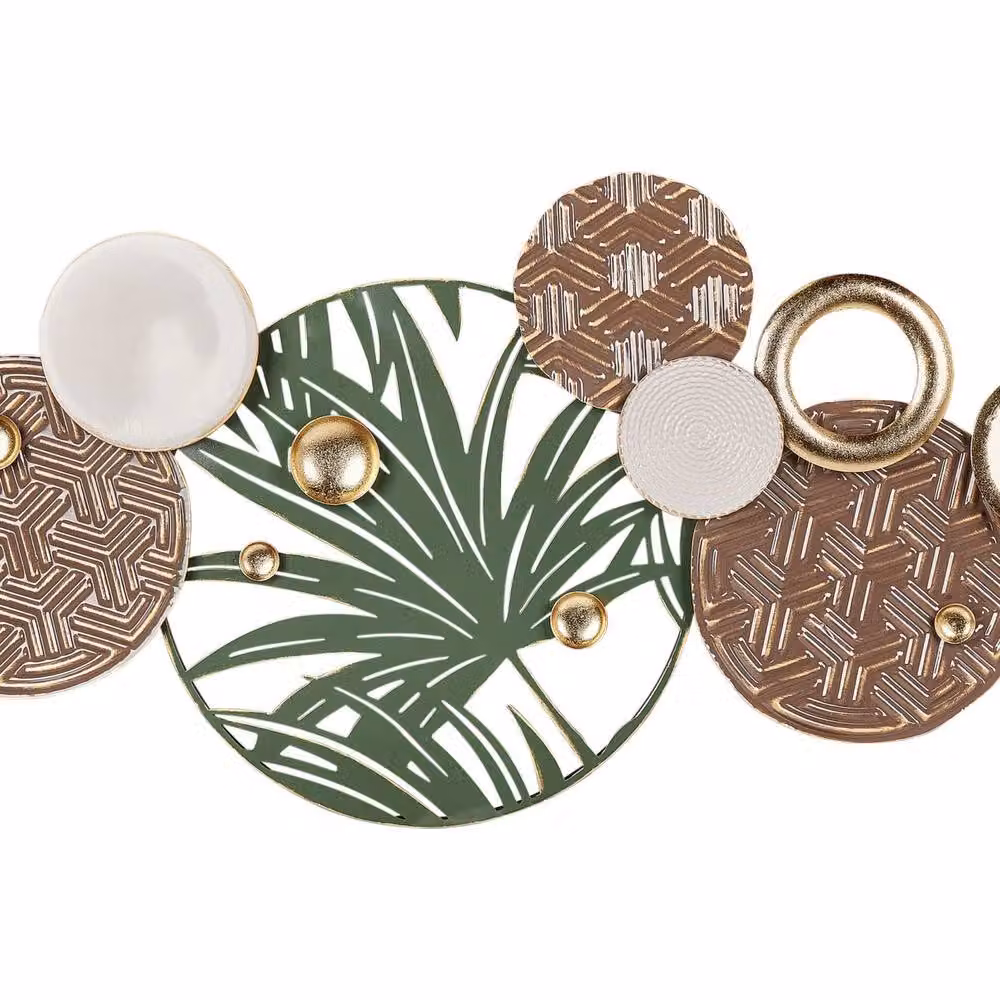 Wyld and Coco Handmade Round Metal Floral Wall Art in Multicolour Gold, White and Green – 2