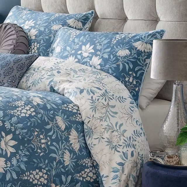 Laura Ashley Parterre Housewife Pillowcase in Seaspray Blue and White Floral Mako Satin Cotton
