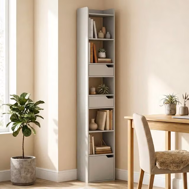 HOMCOM Tall Narrow 5-Tier Bookcase with Drawers in Grey