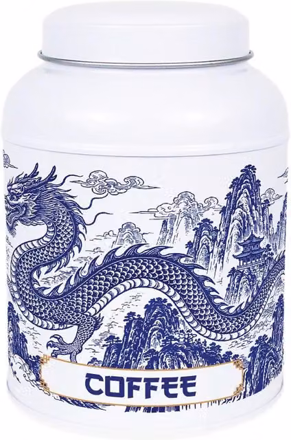 Purely Home Dragon Temple Coffee Canister Metal Storage Tin in Blue and White