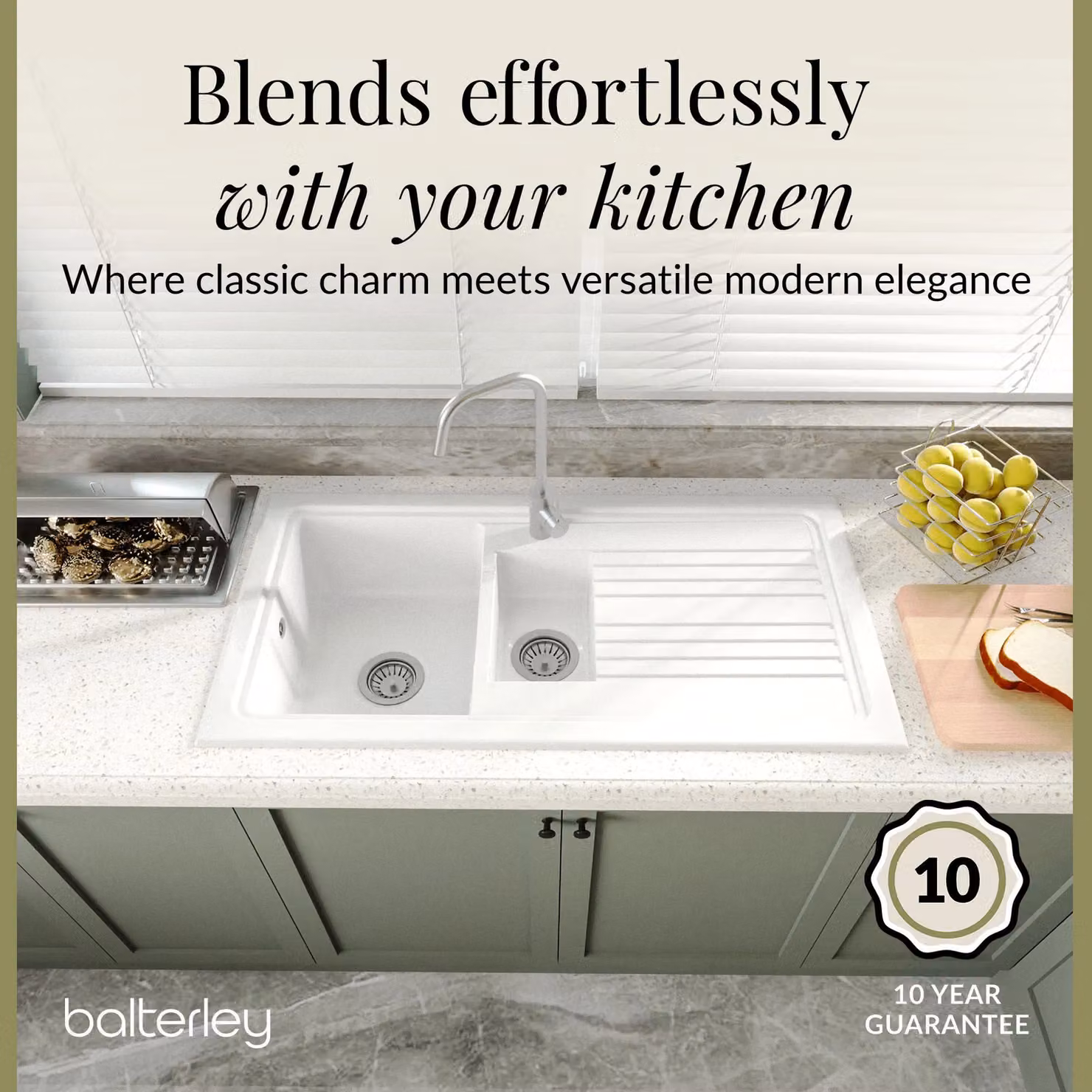Balterley White Fireclay Ceramic 1.5 Bowl Kitchen Sink with Grooved Drainer – 2