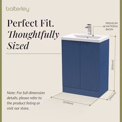 Balterley Blue Floor Standing Bathroom Vanity Unit with Basin and Fluted Front Doors, W/D/H: 61.0 x 39.0 x 85.0 cm – 2