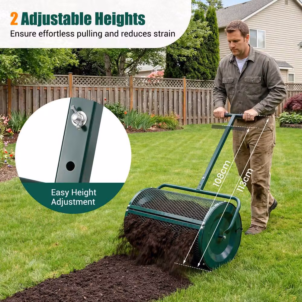 Costway Compost and Peat Moss Spreader Roller with Height-adjustable Handle, Green – 5