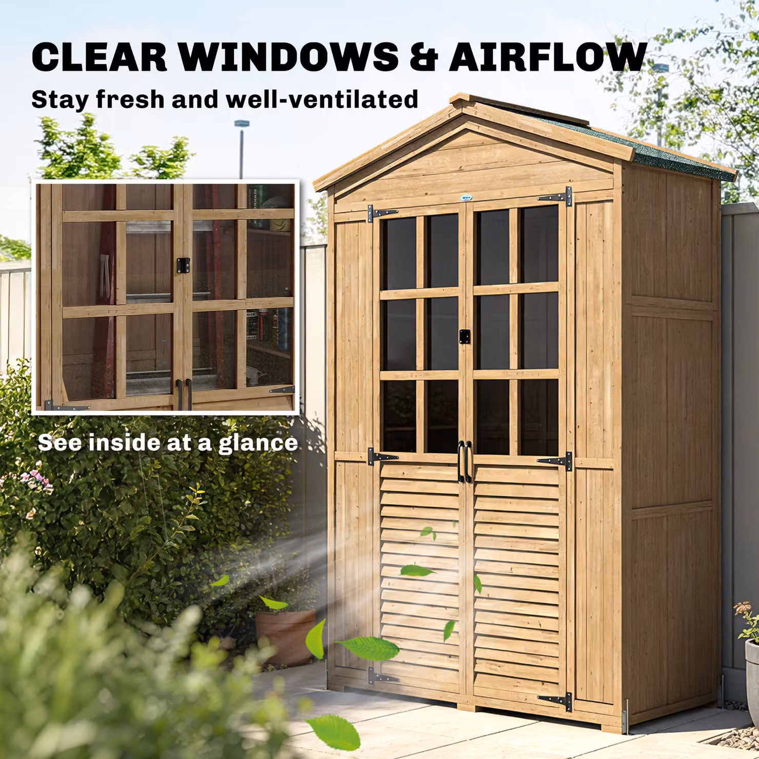 Outsunny Outdoor Wooden Garden Tool Storage Cabinet with Acrylic Windows and Internal Shelving, Brown, W/D/H: 121.0 x 50.5 x 197.0 cm – 3