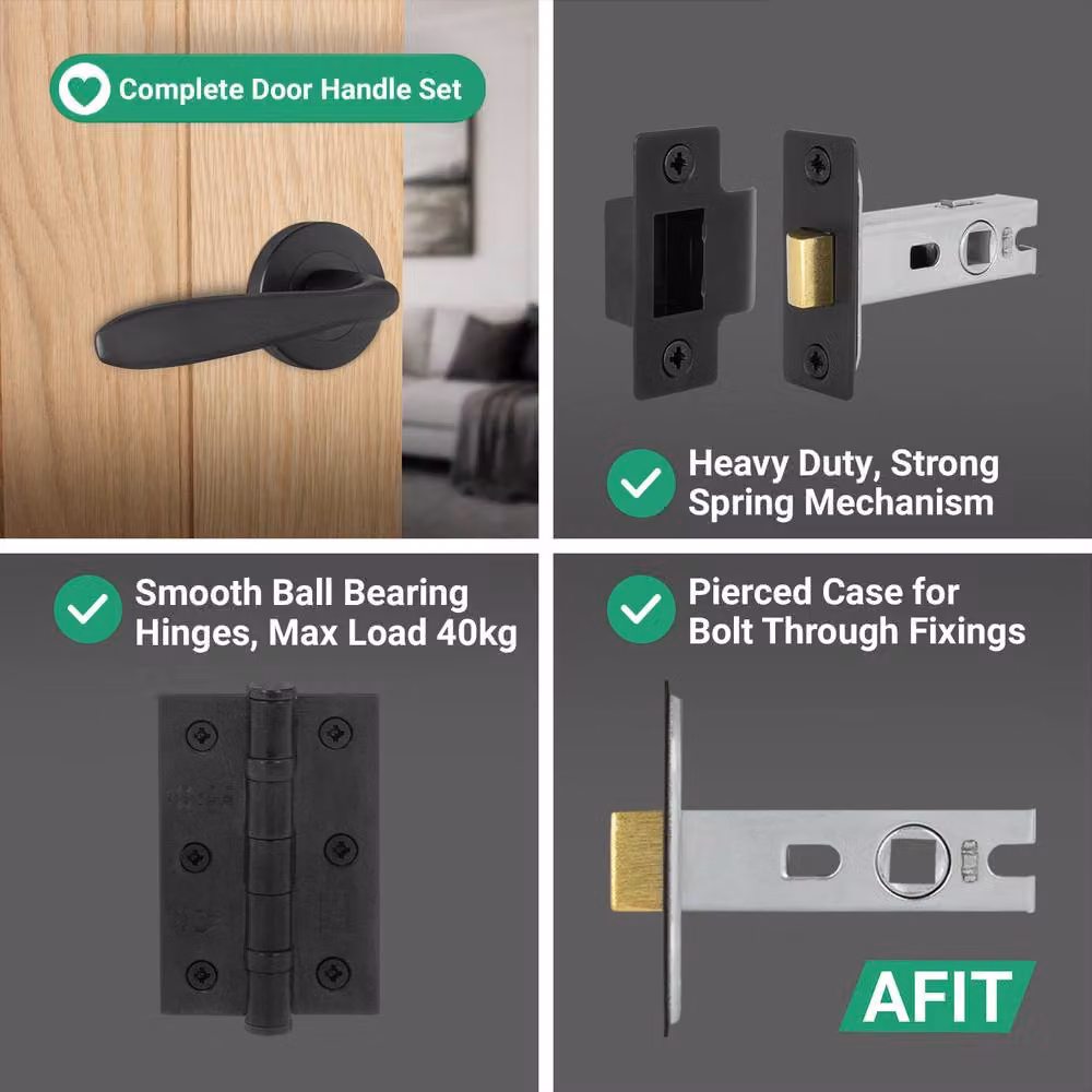 AFIT Black Matt Curved Handle Latch Hinges Set with Round Rose, 4 Pairs, H x W: 150 x 150 mm – 4