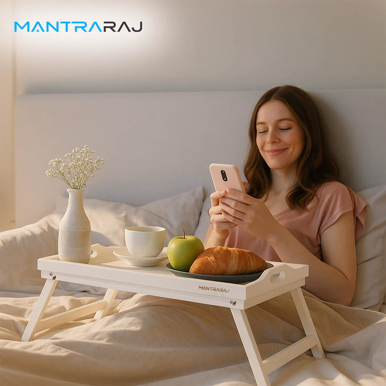 Mantraraj White Bamboo Bed Tray Table with Foldable Legs – 3