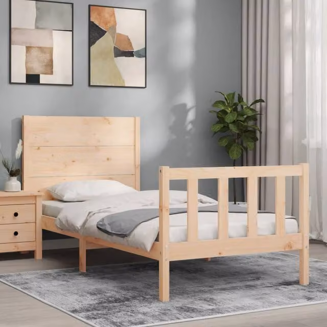 Berkfield Home Beautiful Bed Frame with Headboard in Natural Solid Pine, W/D/H: 90 x 200 x 100 cm – 1