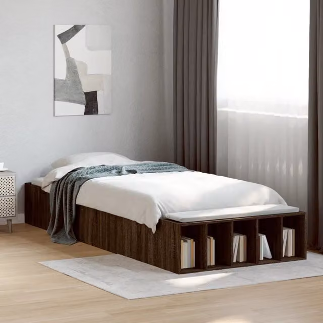 Berkfield Home Modern Bed Frame in Brown Oak with Side Compartments, W/D/H: 100 x 200 cm