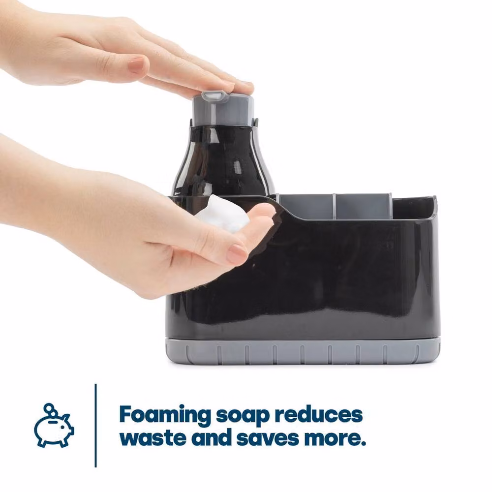 NESTLUNE Black Plastic Sink Caddy with Foam Soap Dispenser and Drainage System – 4