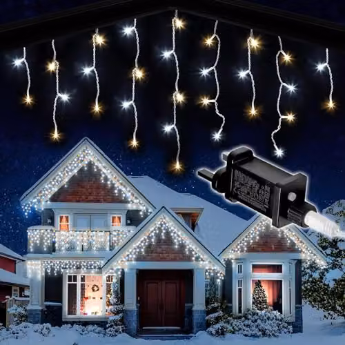 Shatchi 240 LED Icicle Christmas Lights in White and Orange with 8 Modes – 1