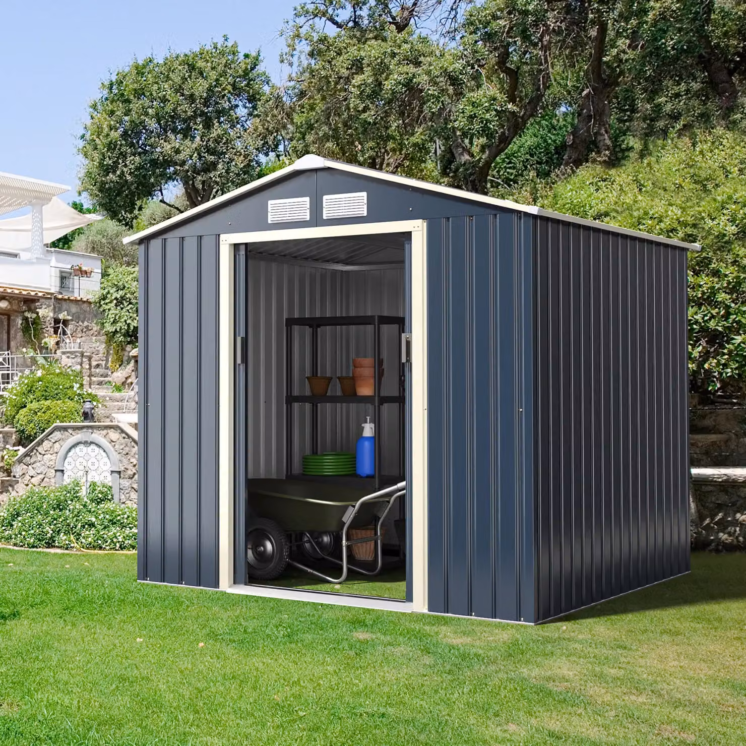 Costway Metal Storage Shed and Extension Kit in Grey with Lockable Sliding Doors and Side Vent – 8