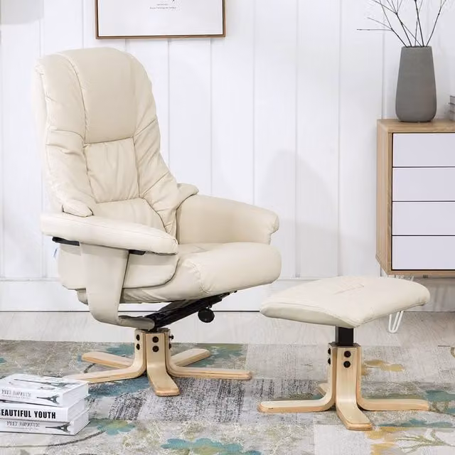 More4Homes Tuscany Bonded Leather Swivel Recliner Massage Chair with Ottoman in Beige – 1