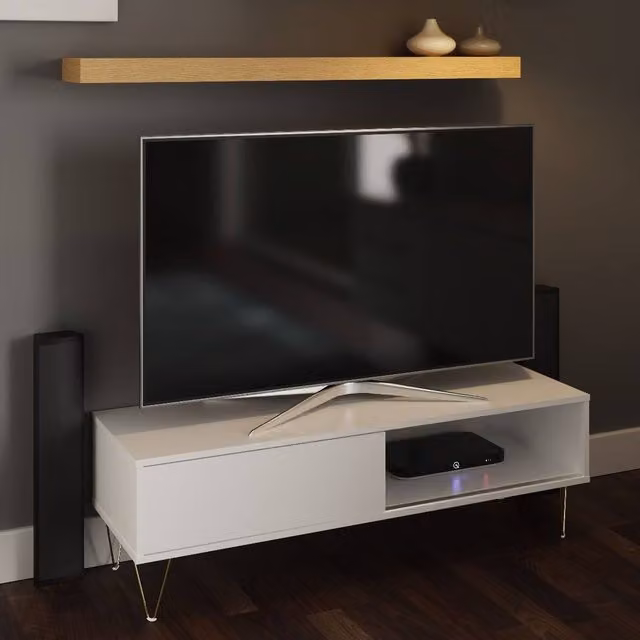 Timber Art Design Modern White and Gold TV Cabinet with Sliding Doors, W/D/H: 120 x 40 x 38.5 cm – 2