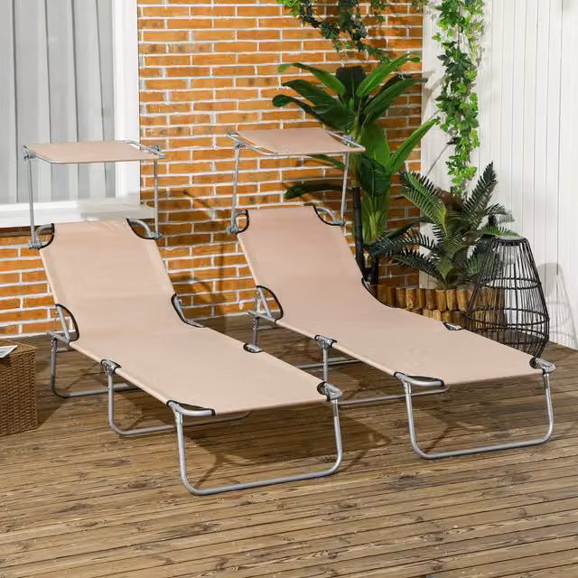 Outsunny Set of 2 Foldable Reclining Sun Loungers with Adjustable Awning in Sand and Brown