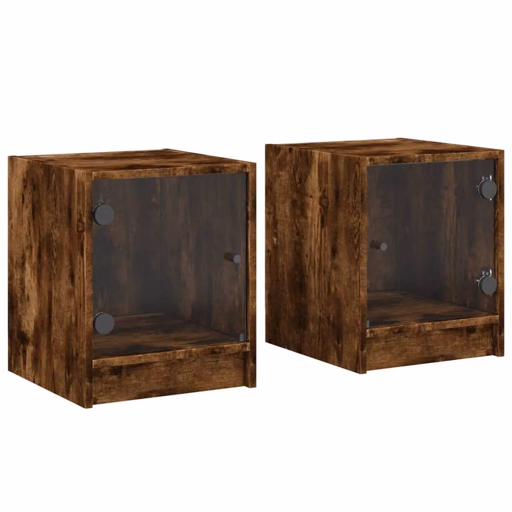 Berkfield Home Elegant Bedside Cabinets with Glass Doors, 2 Pack, Smoked Oak Brown, W/D/H: 35 x 37 x 42 cm – 2