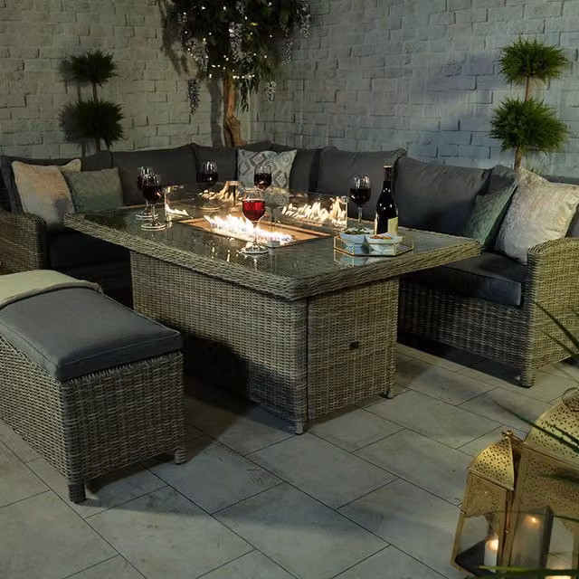 Wentworth 7pc Deluxe Modular Corner Dining Lounging Set with Rattan Fire Pit in Grey