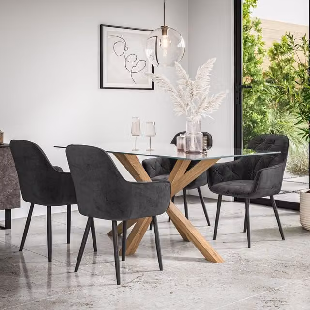 More4Homes Etta Glass Dining Table and Anika Black Velvet Dining Chairs Set of 6 with Solid Oak Legs – 1