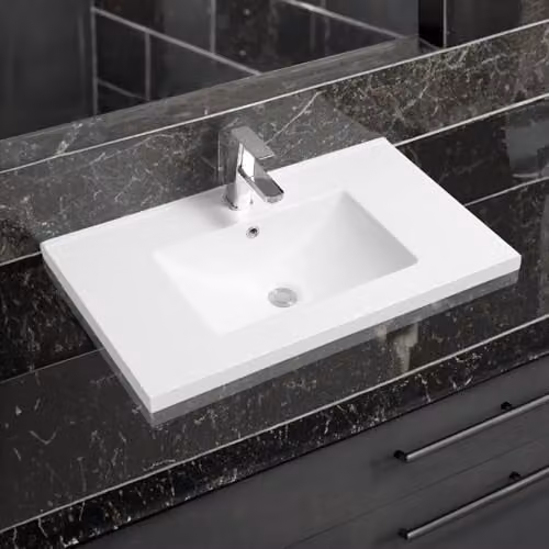 Limoge 5001 White Ceramic Rectangular Mid-Edge Inset Bathroom Basin, W: 81 cm, D: 46 cm, H: 18 cm