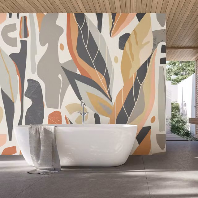 Origin Murals Abstract Leaf Shapes Wall Mural in Grey and Multicolour