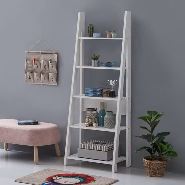 Timber Art Design Riva Retro 5 Tier Ladder Bookcase Display Shelf Unit, White, H 175.4 x W 64.0 x D 36.7 cm